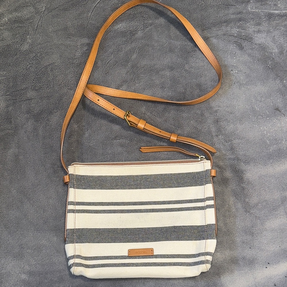 Fossil Tan and Gray Striped Crossbody Bag
